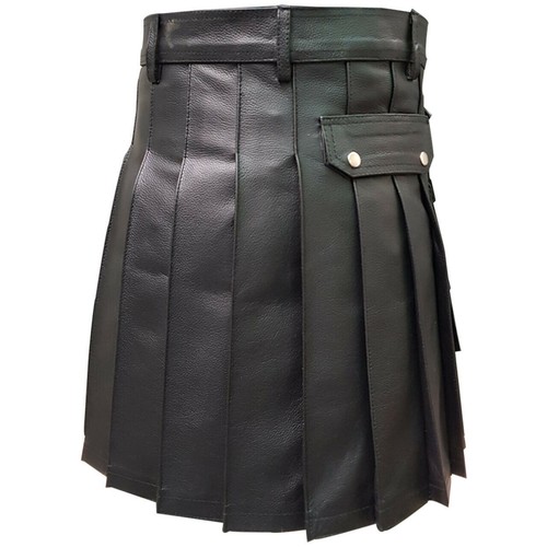 Men Scary Costumes Kilt Real Black Leather Gladiator Pleated Utility LARP - Picture 2 of 4