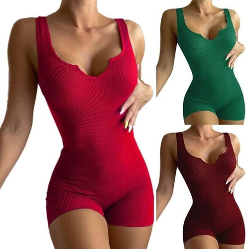 Womens Sexy Ribbed Sleeveless Bodysuit Stretchy Fit Leotard Romper Jumpsuit - Picture 18 of 42
