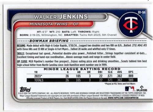 2024 Topps Bowman Draft Baseball Walker Jenkins No. BD-166 Minnesota Twins - Picture 2 of 2