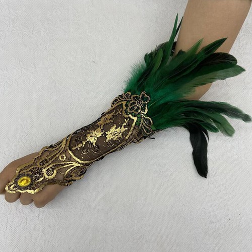 Eva Lady Women Gothic Punk Beaded Feather Lace Wrist Decoration Gloves - Picture 4 of 21