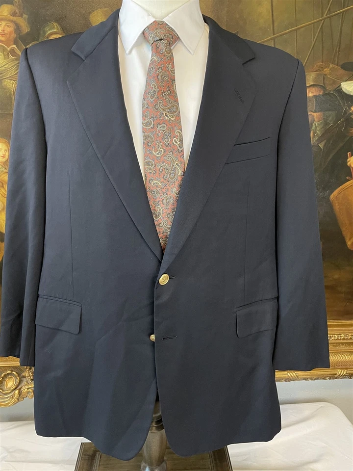 Blazer De Colección Hickey Freeman 44R HECHO EN EE. UU. Azul Marino Oscuro 100% Lana 2Btn Botón Dorado Foto 2 de 4