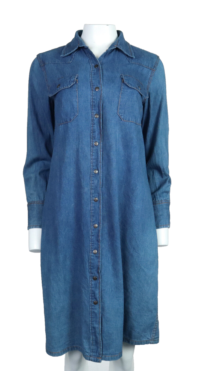 sears denim dresses Vintage 1970s SEARS US Women's L 14P Blue Cotton Denim Western Shirt Dress  Midi