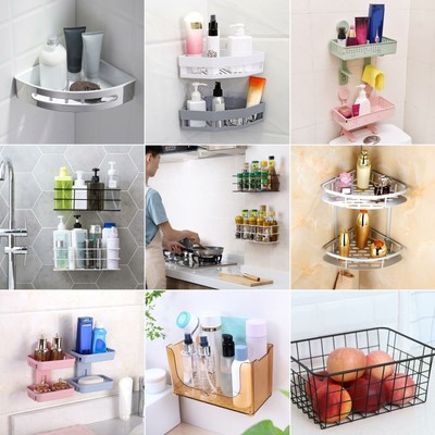 Kitchen Wall Mounted Storage Rack Shampoo Holder Organizer Bathroom Shelf