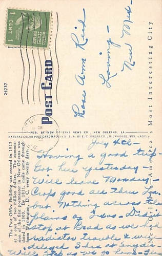 Postal LA: Parque frente a la oficina de correos, Nueva Orleans, Louisiana, lino publicado - Imagen 3 de 3