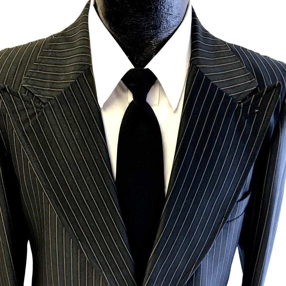 复古 70 年代黑色纹理运动外套 PEAK LAPEL 夹克迪斯科金色条纹西装外套 38 — 第 3/4 张图片