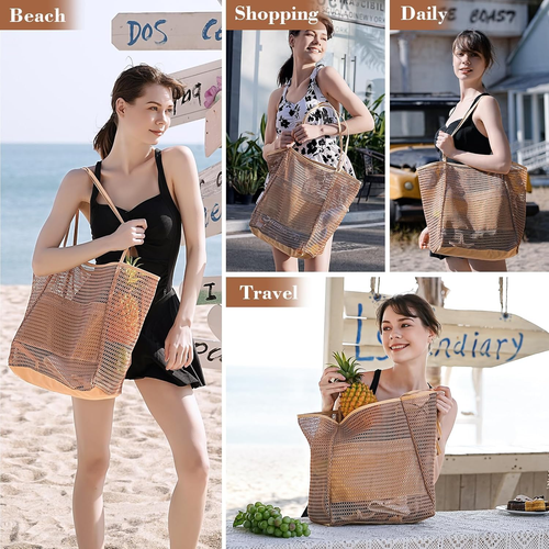 Mesh Beach Bag, Beach Bags for Women, Woven Straw Beach Tote Bag Waterproof with - Picture 7 of 12