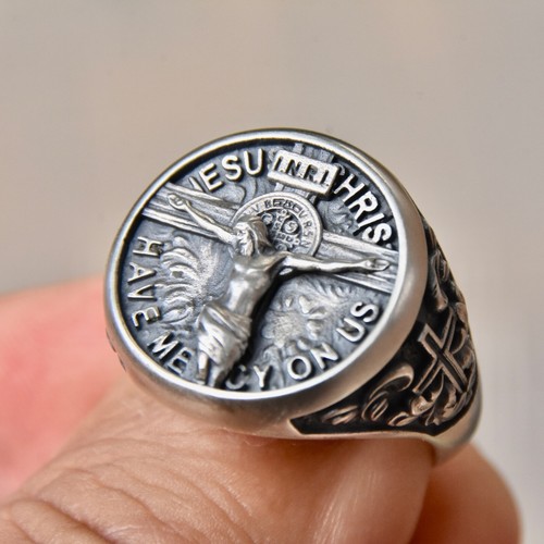 925 Sterling Silver Jesus Christ Cross Crucifixion Ring Unique Handmade Design - Picture 5 of 6