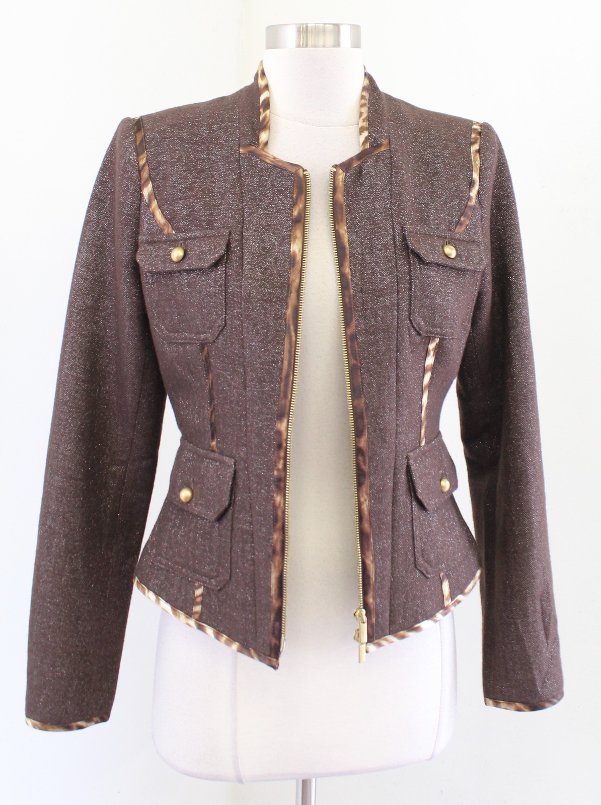 Cache Brown Shimmer Herringbone Wool Zip Front Ja… - image 3