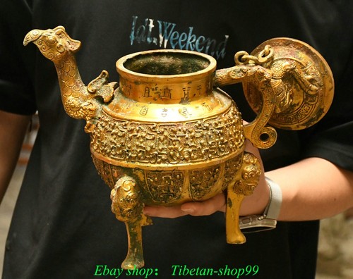 Ancienne vendre théière à vin flagon 11'' dynastie Han en bronze inscription dorée tête d'oiseau