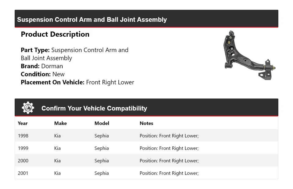 Para 1998-2001 Kia Sephia Dorman conjunto de junta esférica de braço de controle 1999 2000 - Imagem 2 de 4