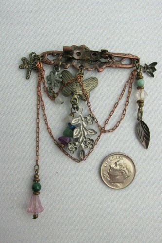 NEW Art Nouveau Brooch Copper Brass Chain Charms Beads Pin Flowers Bugs - Picture 8 of 8