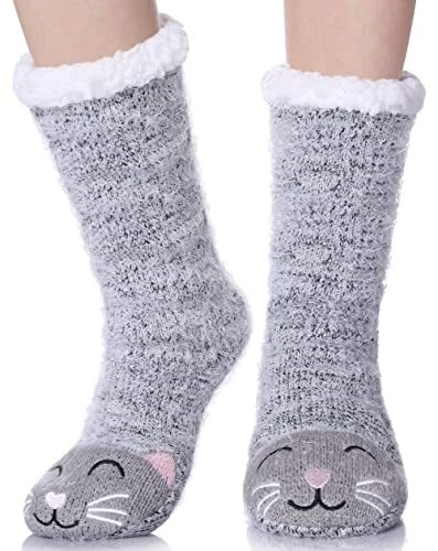 LANLEO Fuzzy Slipper Socks For Women with Grippers Winter Warm Thick Plush  Fl