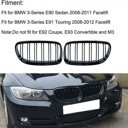 Glossy Black Front Kidney Grilles Grill Cover Fits BMW 3Series E90 E91 2008-2011 - Picture 2 of 9