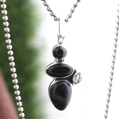 Natural Pear Drop Designer Black Onyx Sterling Silver Pendant Statement Jewelry