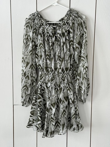Abito Misa Los Angeles Mercy Stampa Ikat Verde Avorio XS $390 NUOVO Fairy Sheer Boho - Foto 5 di 16