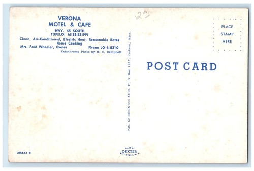 c1950er Jahre Verona Motel & Café Restaurant Zimmer Autos Tupelo Mississippi MS Postkarte - Bild 2 von 2