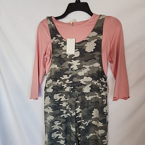 NEW - Size Large / 14 - SELF ESTEEM Long Sleeve Pink Shirt / Camo Green Overalls - Picture 5 of 9