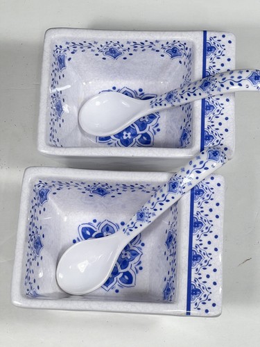 Set 2 Le Cadeaux Moroccan Blue Square Condiment Serving Bowls with Spoons READ - Picture 2 of 3