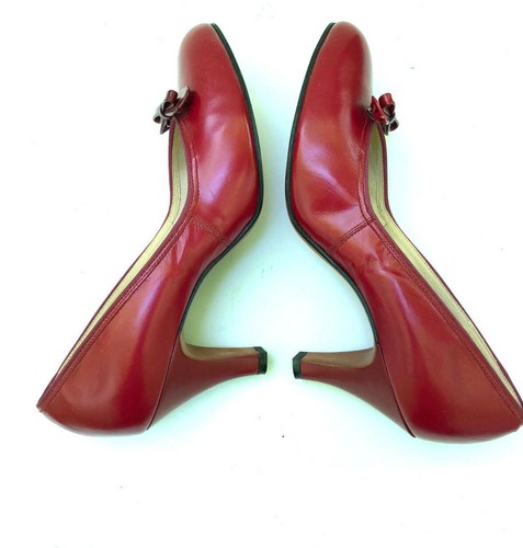 1940 /50s VTG Deadstock Cherry Red Leather Red Cross Shoes bow Pumps heels 6.5 A - Picture 3 of 8