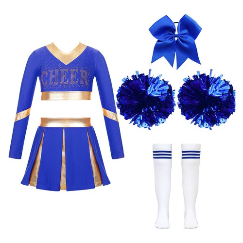UK Girls Cheer Leader Costume Carnival Party Outfit Pom Poms Headwear Stockings - Picture 31 of 61