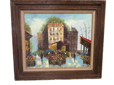 Vtg Signed 60's Paris Flower Market 27 5/8”T 31.5”T Cityscape MCM Impressionist