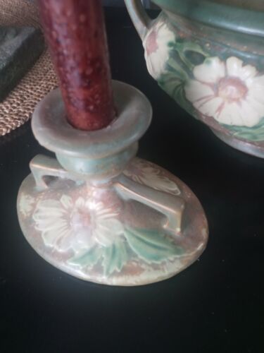 Vintage Original 1920's Roseville DAHLROSE 10" Oval Bowl & 4" Candlesticks Set. - Picture 3 of 9