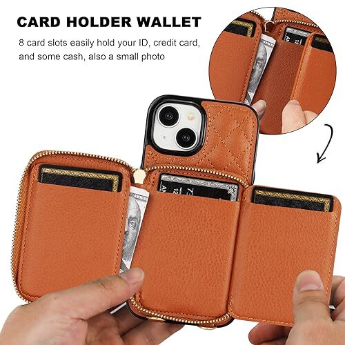 Crossbody Wallet Case for iPhone 15, RFID Blocking PU Leather Zipper Brown - Picture 5 of 7