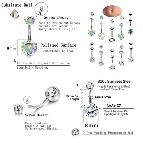10 PCS Stainless Steel CZ Navel Button Rings Dangle Belly Body Piercing Jewelry - Picture 3 of 6