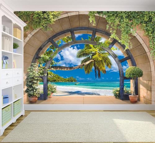 3D Window Tropical Beach Palm Tree Self-Adhesive Wall Murals Poster Wallpaper - Picture 3 of 5