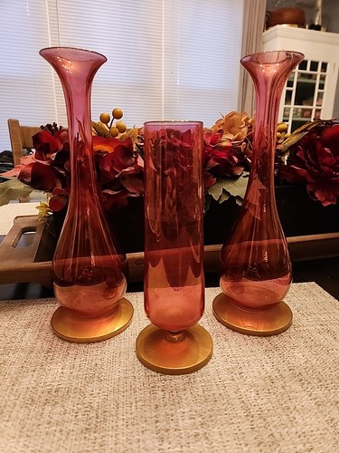 Vintage Rainbow Glass Cranberry Red & Gold Bud Vases ~ Great For Christmas  - Picture 1 of 13