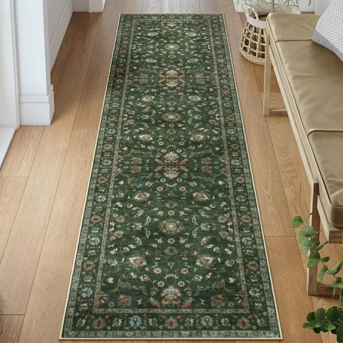 Wonnitar Boho Hallway Runner Rug 2.5x8 Green Low Pile, Non-Slip Washable Carpet