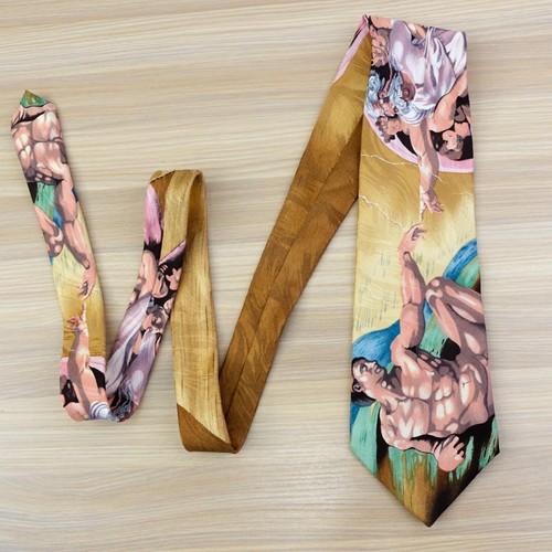 Vintage Creation Of Adam Neck Tie Men Silk Brown Graphic Museum Art RALPH MARLIN - Picture 1 of 12