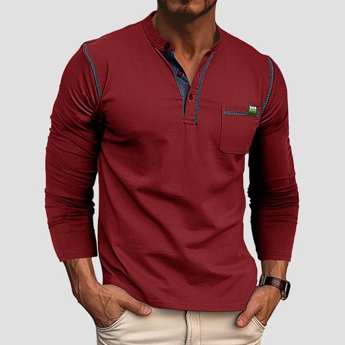 Mens Henley Button V Neck T Shirt Solid Casual Long Sleeve Grandad Shirts Tops - Picture 11 of 20