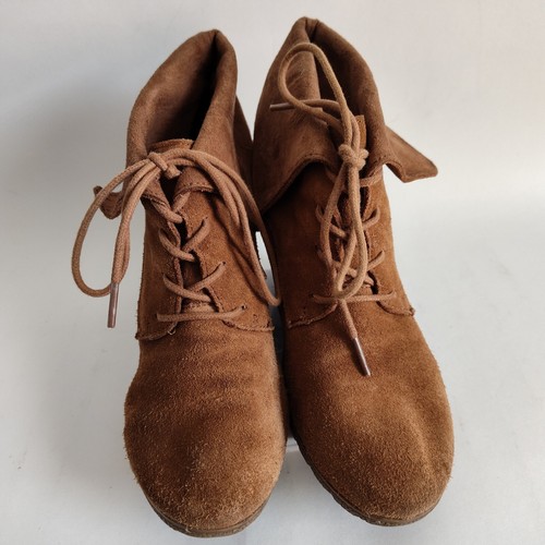 Mia Camel Tan Suede Leather Lace-Up 3" Wedge Ankle Boots Womens Size 8 Academia - Picture 7 of 12