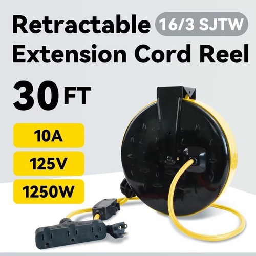 Industrial 30 Ft Cord Reel with Auto Rewind & 3 Outlets - Wall or Ceiling Mount - Picture 4 of 8
