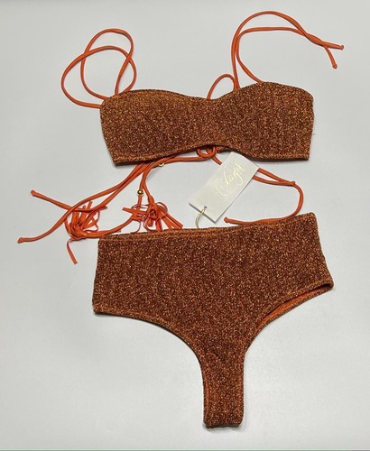 COTAZUR Costume 2 Due pezzi Donna Arancione Bronzo Lurex Fascia Spalline Culotte - Foto 2 di 8