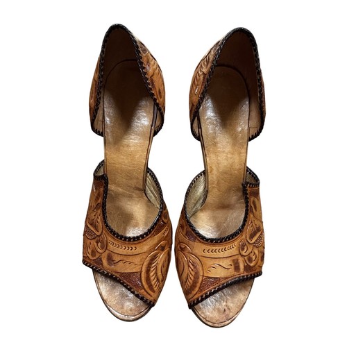 Zapatos de salón D'orsay vintage hechos a mano cuero trabajado vaquera suroeste años 50 - Imagen 7 de 13