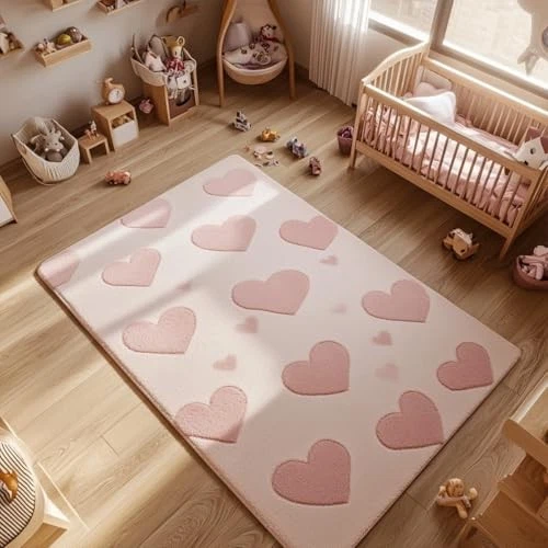 Alfombra Rosa para Dormitorio Niñas - Alfombra Rectangular 6x9 con Lindos Patrones de Corazón,  Foto 3 de 4