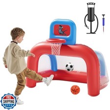 QPAU 2-in-1 Inflatable Toddler Basketball Hoop and Soccer Goal Set, Indoor Ou