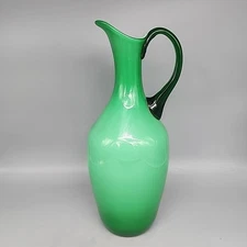 Vintage Green Glass Handled Jug Pitcher Vase 12”