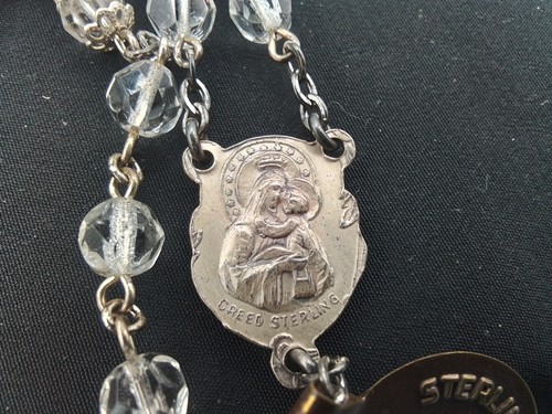 ÉTIQUETTE CHAPELET VINTAGE CREED ARGENT STERLING PERLES CRISTAL CLAIR MASSE NORD D'ATTEBORO - Photo 11/15