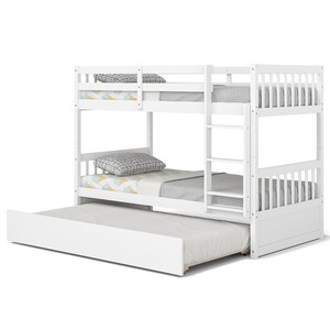 Costway Twin Over Twin Bunk Bed w/ Twin Trundle Solid Wood Frame White