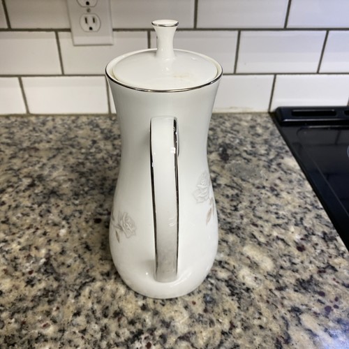 Noritake China Japan 6216 ROSAY 10" 5-Cup Coffee Pot w/Lid. Gray Roses. Platinum - Picture 2 of 5