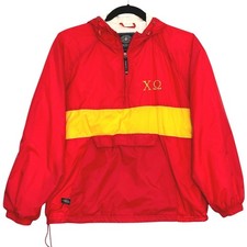 Chi Omega Womens Jacket L Red Embroidered Hooded Windbreaker College Greek