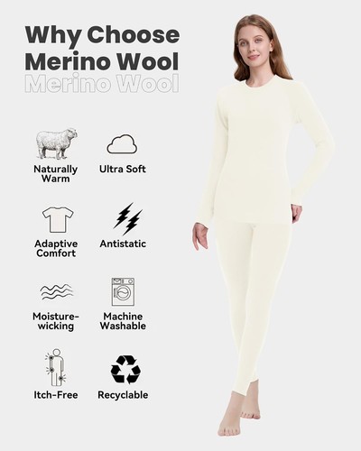 Mujeres 100% Lana Merino Conjunto de Capa Base Térmica Invierno Esquí Top UT Long Johns Set - Imagen 70 de 110