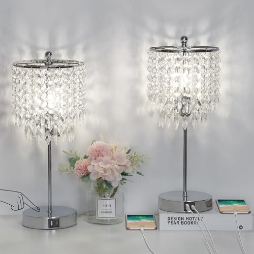 Crystal Table Lamp Set of 2 Touch Control, Crystal Lamps with USB Ports Silver - Picture 2 of 7