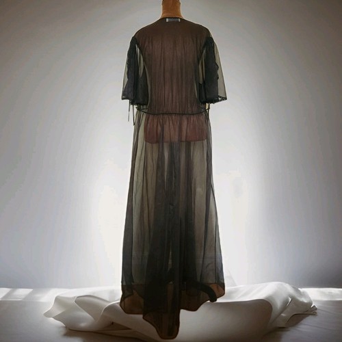 Vintage VAL MODE Peignoir Black Nylon Robe Ribbon Floral Sleeve USA Whimsigoth - Picture 4 of 8
