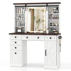 Farmhouse Vanity Desk with Barn-Style Sliding Mirror and 3 Lighting Modes-White