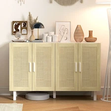 Kitchen Storage Cabinet w/ 4 Rattan Doors Adjustable Shelves, White and Natural