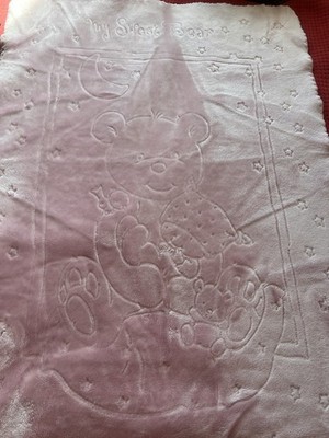 VINTAGE ACRYLIC PLUSH BABY BLANKET POWDER PINK EMBOSSED TEDDY VEAR CRIB STROLLER